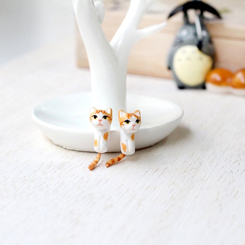 Orange Cat Earrings, Gauge & Plug Earrings, Two Piece Earrings - 耳環/耳夾 - 黏土 橘色