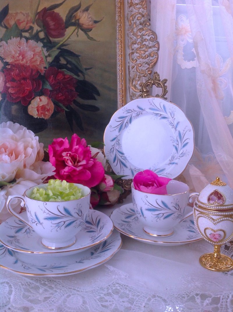 安妮瘋古物英國骨瓷 1950年英國製蘆葦草手繪花茶杯兩人份6件組~ 優惠價 新年禮物 - Teapots & Teacups - Porcelain Blue