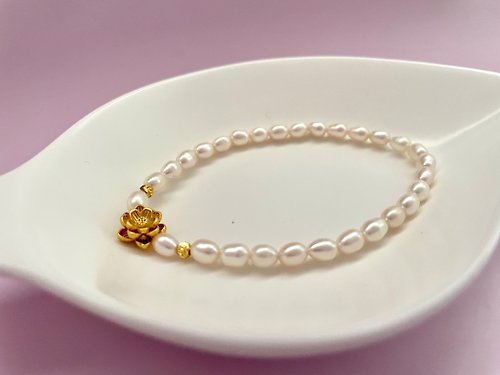 Athena珍珠設計 心有蓮花 天然淡水珍珠 彈力 手鏈