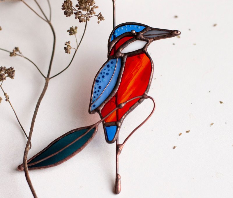 Suncatcher - Kingfisher bird on a branch. Stained glass blue bird - Wall Décor - Glass 