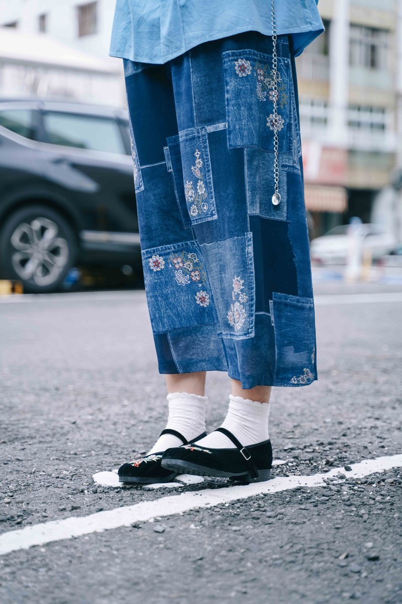 In addition to True Love stitching butterfly pea flower high-waisted dress, vintage - Skirts - Other Man-Made Fibers Blue