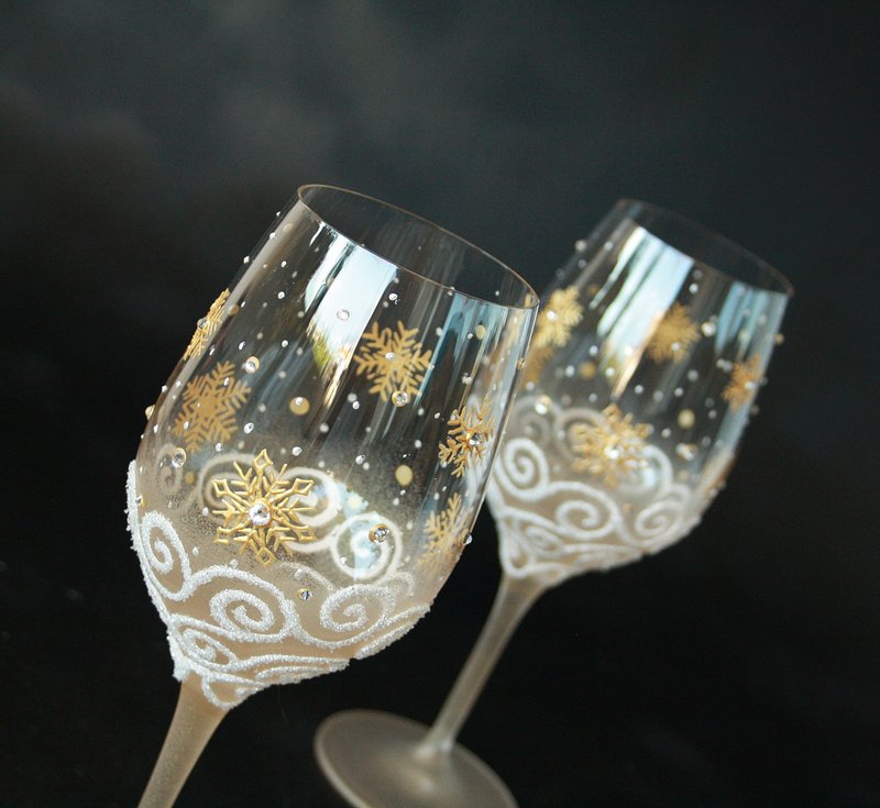 Wine Glasses Snowflakes Hand Painted Set of 2 - 酒杯/酒器 - 玻璃 金色