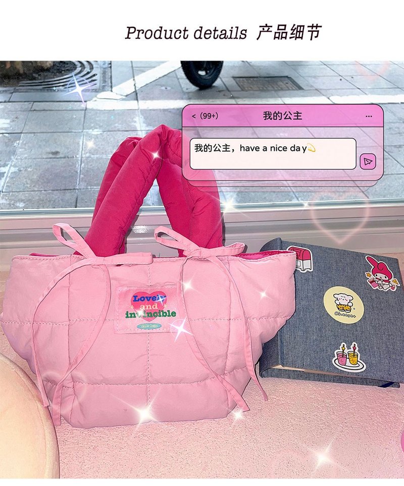 Girly Barbie pink cotton-filled warm bow cross-body handbag - Handbags & Totes - Polyester Pink