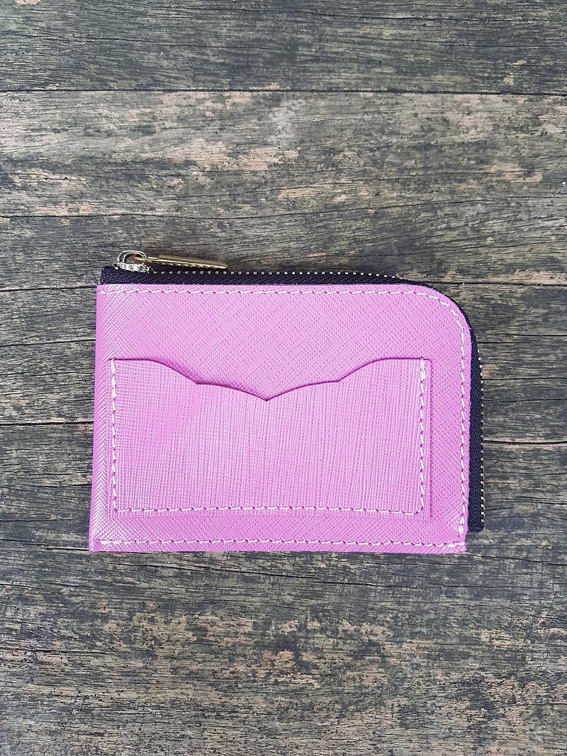 L-shaped curved zipper wallet/pink series/cross pattern scratch-resistant leather/multifunctional card holder/mother's day gift - กระเป๋าสตางค์ - หนังแท้ สีดำ