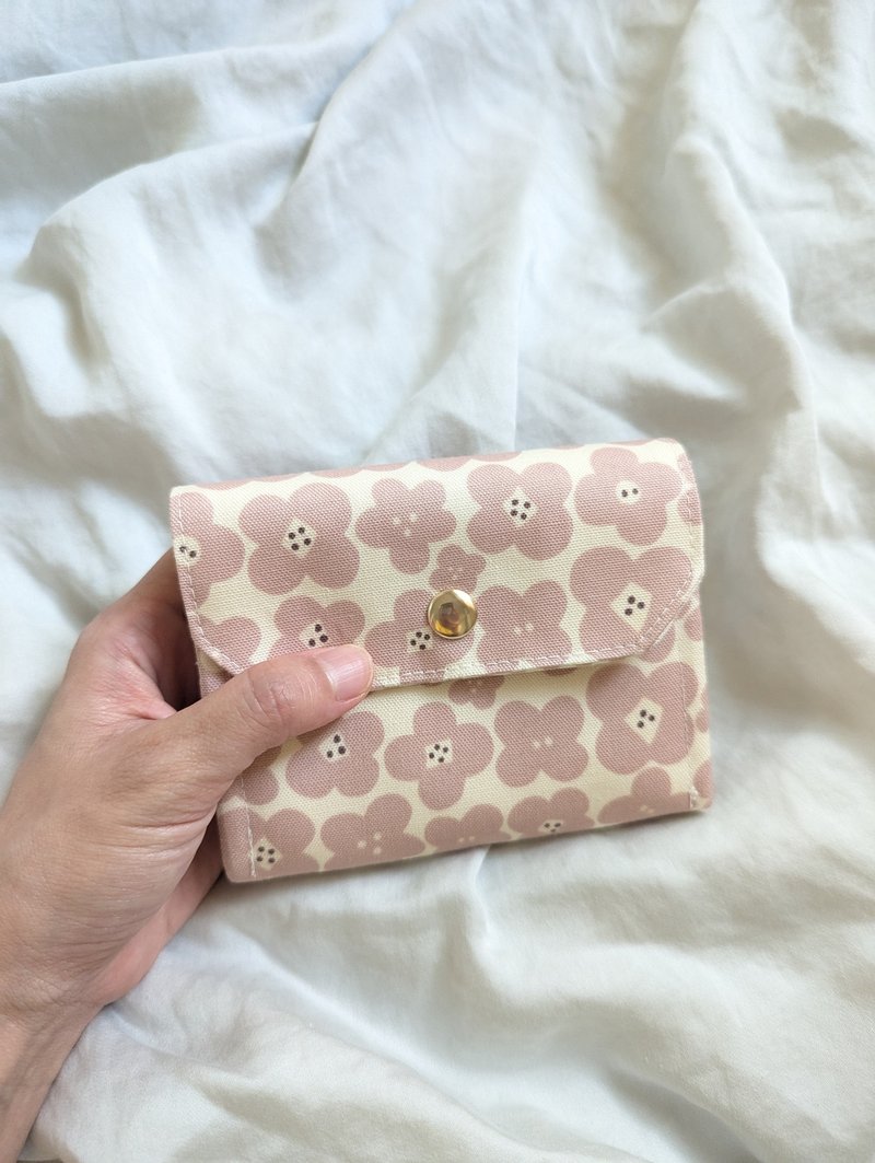 Four-Compartment Bifold Wallet - Pink Floral Print with 6 Card Slots + Wrist Strap - Wallets - Cotton & Hemp 