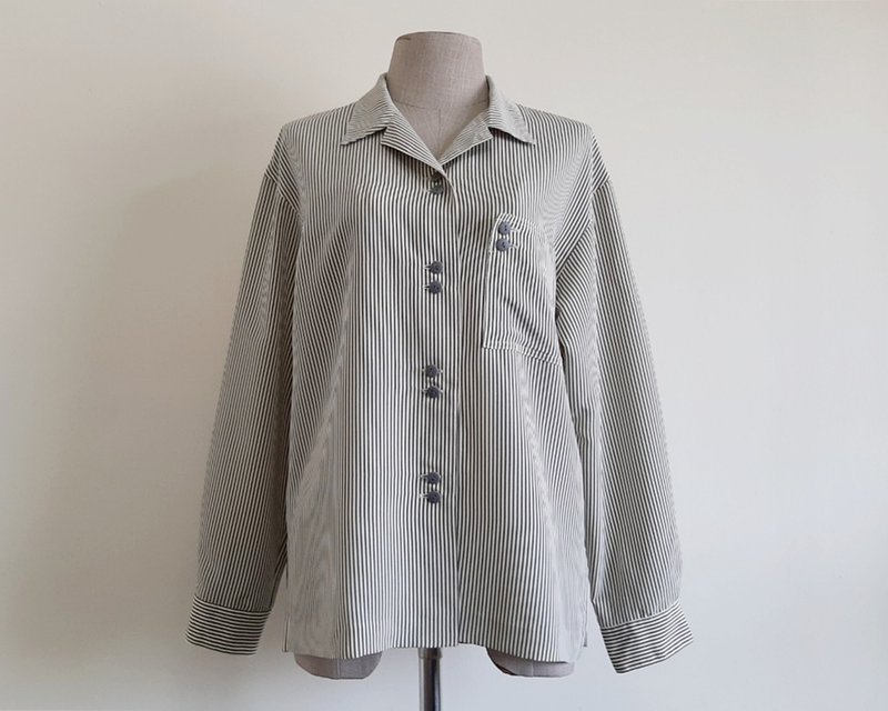 Vintage Cream Gray Striped Shirt - Women's Tops - Polyester Gray