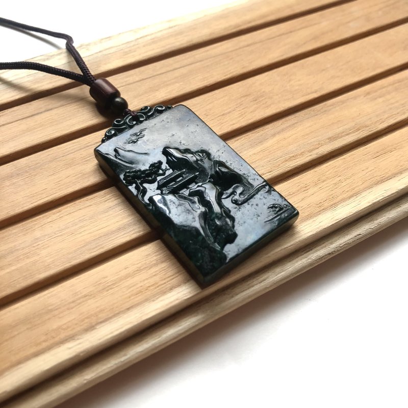 Jiang Xue-natural black jade necklace pendant brand ornaments/landscape brand/transfer/feng shui/close to mountains and rivers - Necklaces - Jade Black