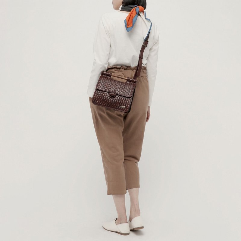 Leather Woven Shoulder Bag - Dark Brown - Messenger Bags & Sling Bags - Genuine Leather Brown