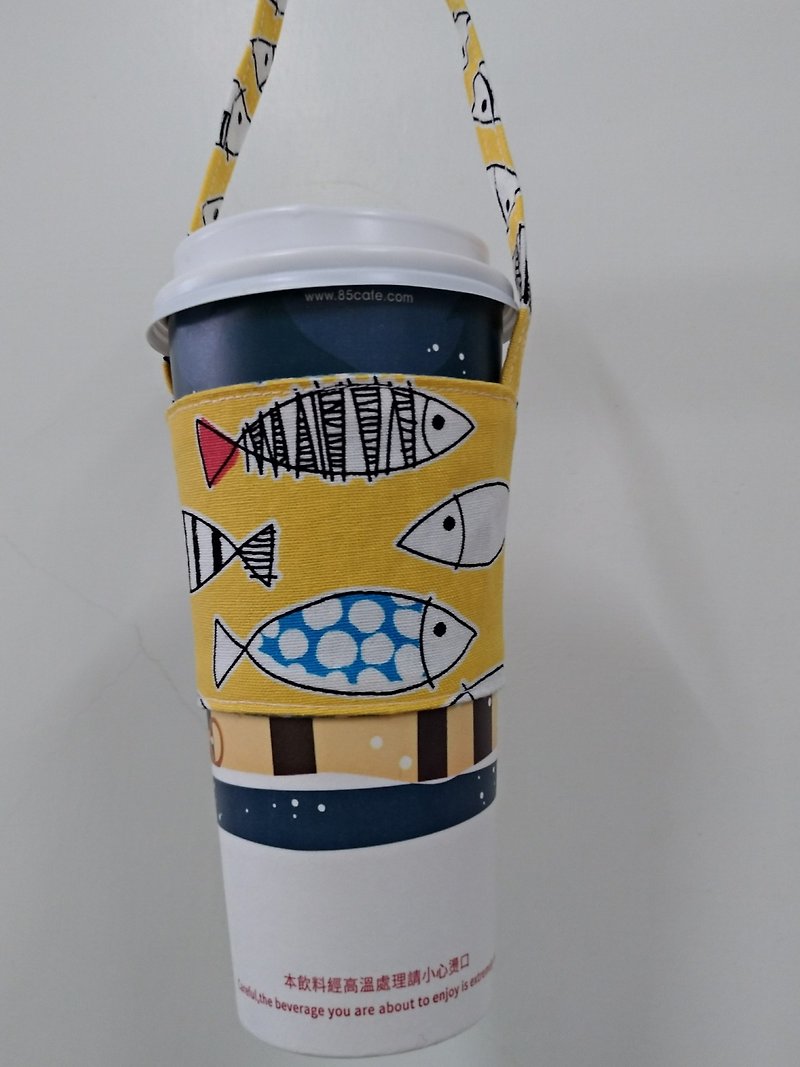 環境に配慮した手回しコーヒー飲料バッグバッグバッグのセットの飲料カップカップセット - 魚魚（黄色） - ドリンクホルダー - コットン・麻 
