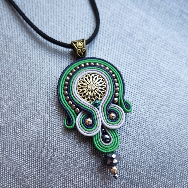 Green Necklace, Handmade Embroidered Soutache pendant, Mandala necklace, Boho - Long Necklaces - Other Materials Green