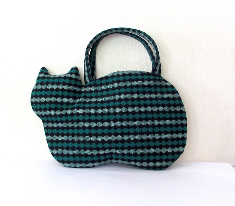 New woolen cat bag Green and black stripe - กระเป๋าถือ - ผ้าฝ้าย/ผ้าลินิน สีเขียว