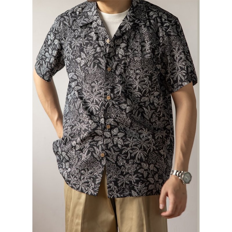 夏威夷襯衫 短袖襯衫 椰林印花 美式復古 純棉 Aloha Shirt - 男襯衫/休閒襯衫 - 棉．麻 黑色