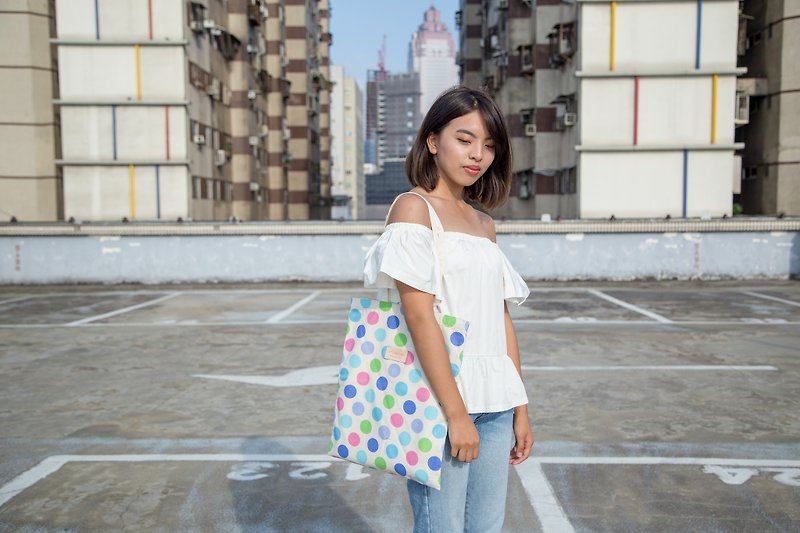 Bobo dot / pink orange Teal/ simple handbag shoulder bag canvas bag - กระเป๋าแมสเซนเจอร์ - ผ้าฝ้าย/ผ้าลินิน 