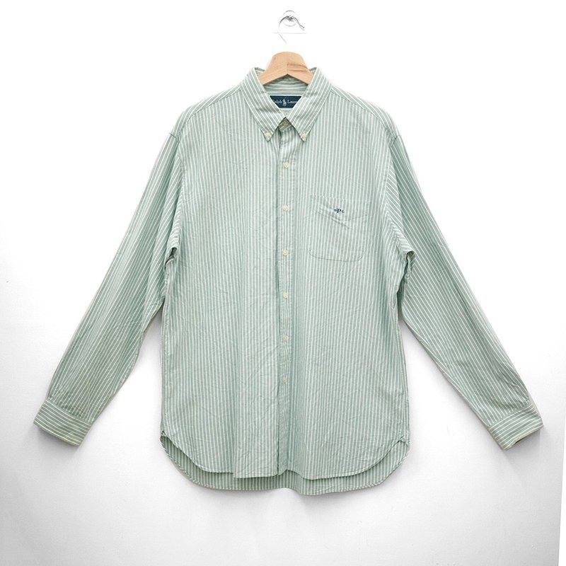 POLO RALPH LAUREN long-sleeved shirt green and white striped second-hand vintage - Men's Shirts - Cotton & Hemp Green