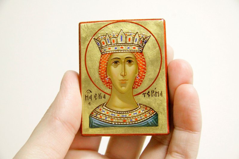 hand painted orthodox wood icon Saint Holy Martyr Katerina Religious pocket size - 其他 - 木頭 紅色