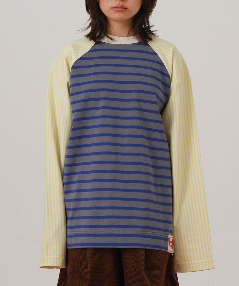 多色條紋長袖 T 恤 灰色 - 中性衛衣/T 恤 - 棉．麻 多色