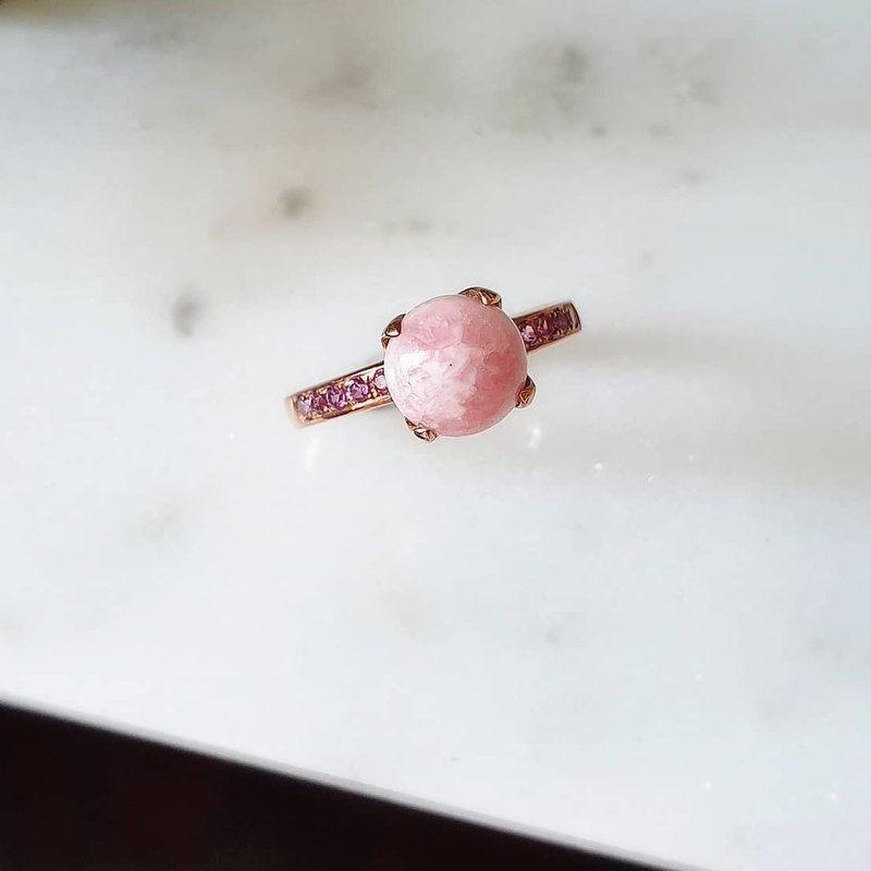 Rhodochrosite ring decorated with pink tourmaline both side made from silver 925 - General Rings - Semi-Precious Stones Pink