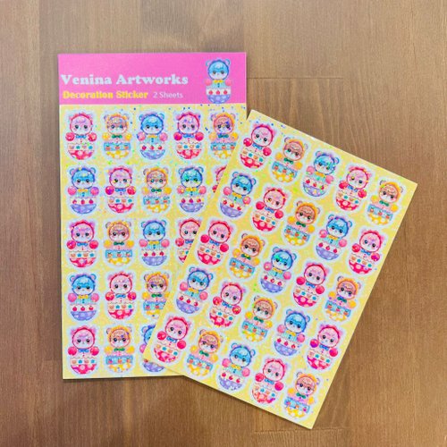 Venina Artworks 香草手繪 香草插畫系列防水貼紙2張套 昭和不倒翁款
