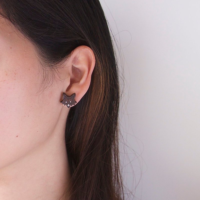 Fox wooden earring ( 925 sterling silver studs) one per - Earrings & Clip-ons - Wood Brown