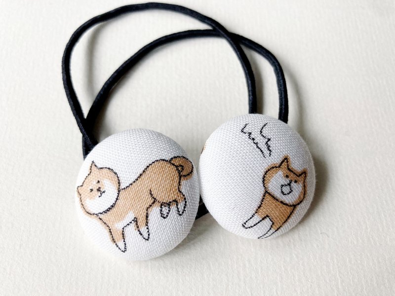 Children's hair accessories hand-made cloth bag button hair bundle hair ring Shiba Inu expression elastic band hair ring a set of two - Hair Accessories - Cotton & Hemp Khaki