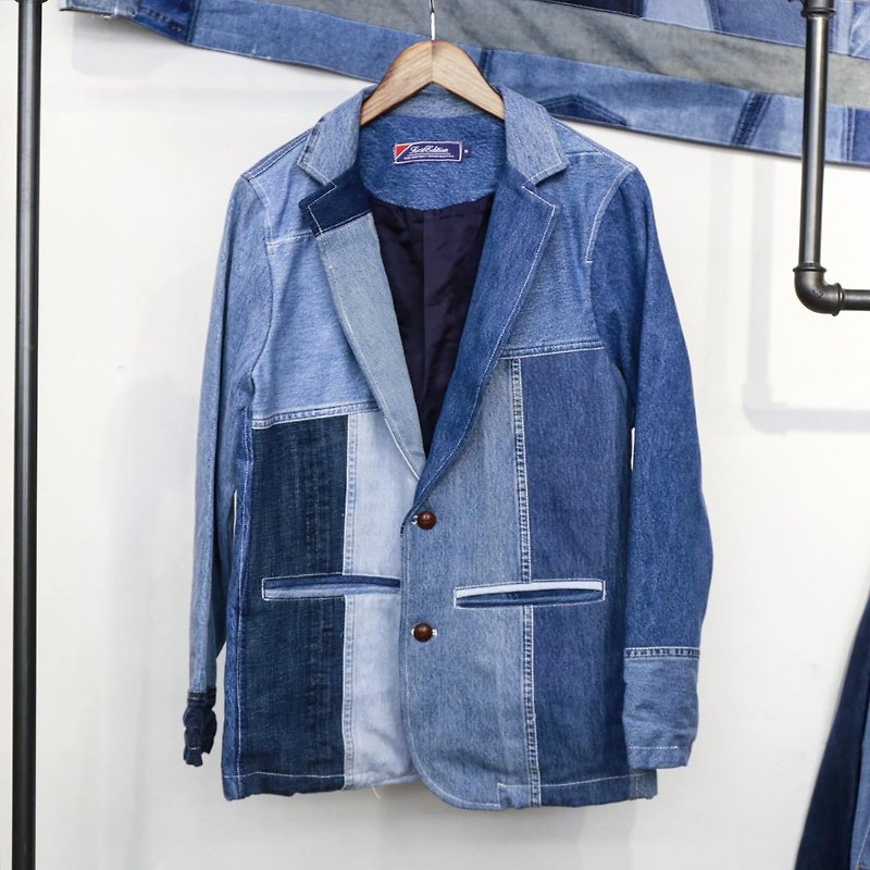 牛仔拼布patchwork 西裝褸 - 男夾克/外套 - 棉．麻 藍色