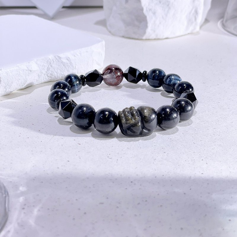 Blooming Silver Stone|Gold Stone|Ox Blood Red Glue Flower|Golden Luck Stone|Blue Tiger Eye|Crystal Bracelet A2406-3 - Bracelets - Crystal Black