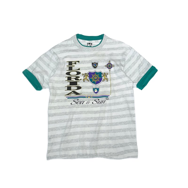 90s 古著兩色拼接條紋雪花FloridaT-shirt - 男 T 恤 - 棉．麻 多色