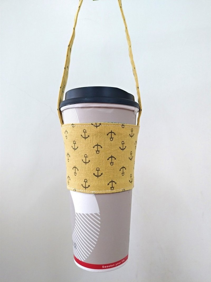 Beverage Cup Set Environmental Protection Cup Set Hand Beverage Bag Tote Bag - Brush White Nostalgic Style - Anchor (Natural Yellow) - Beverage Holders & Bags - Cotton & Hemp Yellow