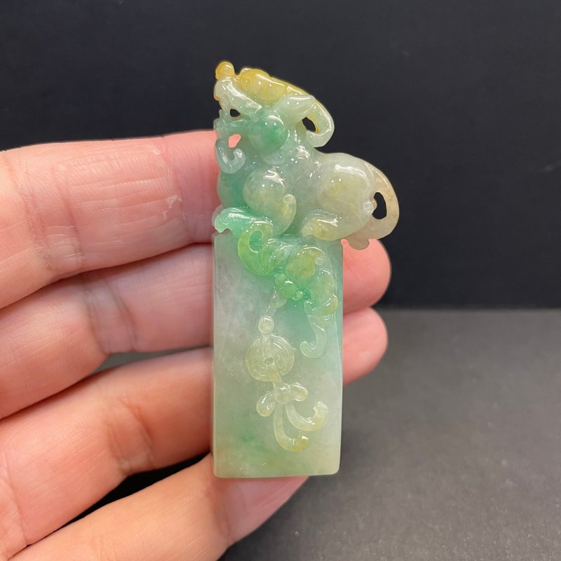 瀚玉珠寶 天然A貨翡翠 老三彩貔貅翡翠印章 印紐 緬甸玉印章 方章 - 其他 - 玉石 