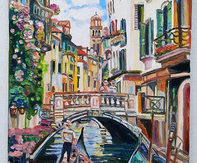 ゴンドラ絵画 キャンバスアート リアルト橋 Venice イタリア 手描き 