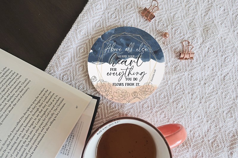 Peach and Navy Blue Christian Coaster with Bible Verse Proverbs 4:23| Watercolor - ที่รองแก้ว - ดินเผา สีน้ำเงิน
