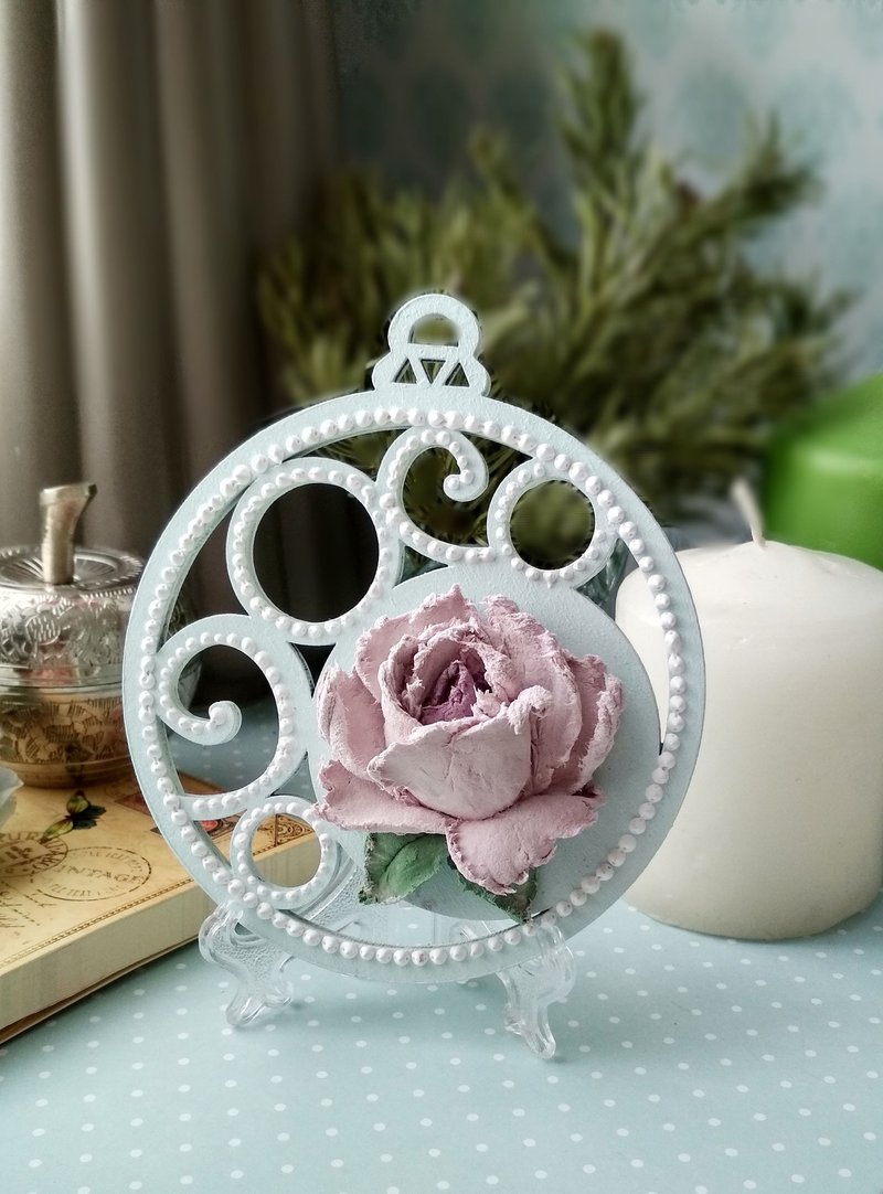 Small painting with lilac rose Round floral painting gift Rose wall decor - ตกแต่งผนัง - วัสดุอื่นๆ สีม่วง