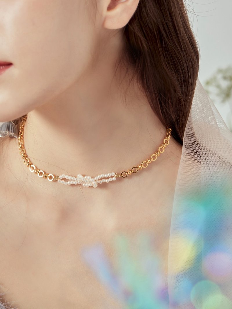 Jet lag in Halo. MUCHAT handmade 14+18KGP simple cross pearl necklace - สร้อยคอ - โลหะ ขาว