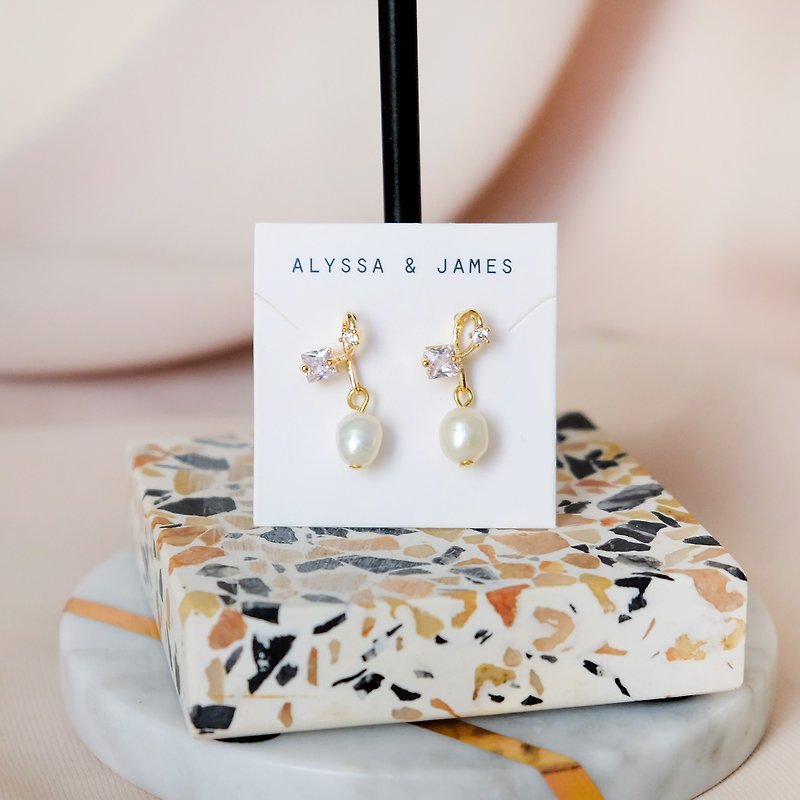 ALYSSA & JAMES Stone pearl earrings 925 Silver needles - ต่างหู - เครื่องประดับพลอย สีทอง