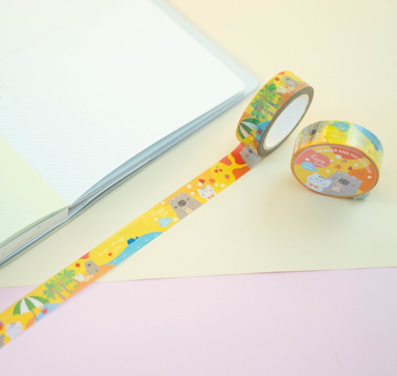Mr. Bear and his cutie cat : Masking tape - Summer Breeze - Washi Tape - Paper Yellow