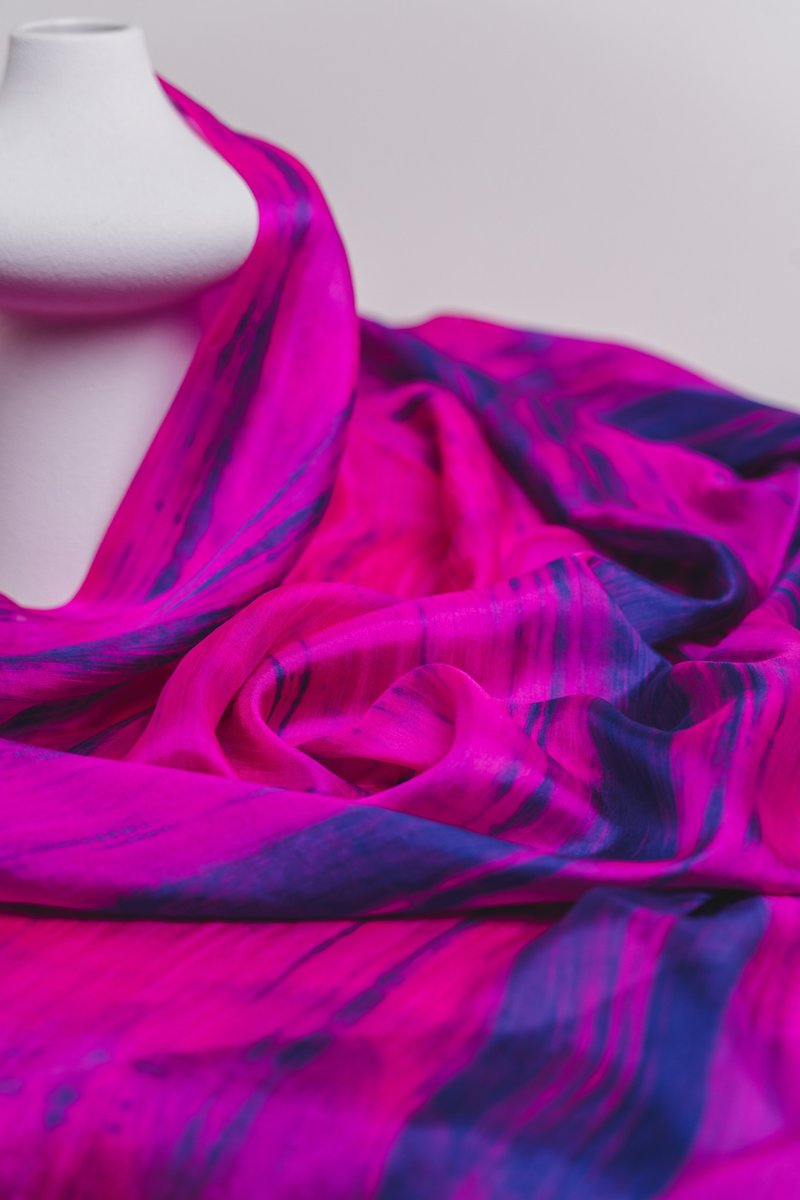 100% Mulberry Silk Scarf – Hand Dyed, Lightweight, Fuchsia Purple and Blue - 絲巾 - 絲．絹 紫色