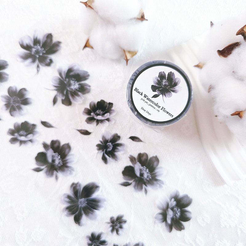 Black watercolor flower masking tape - 紙膠帶/和紙/PET - 其他材質 黑色