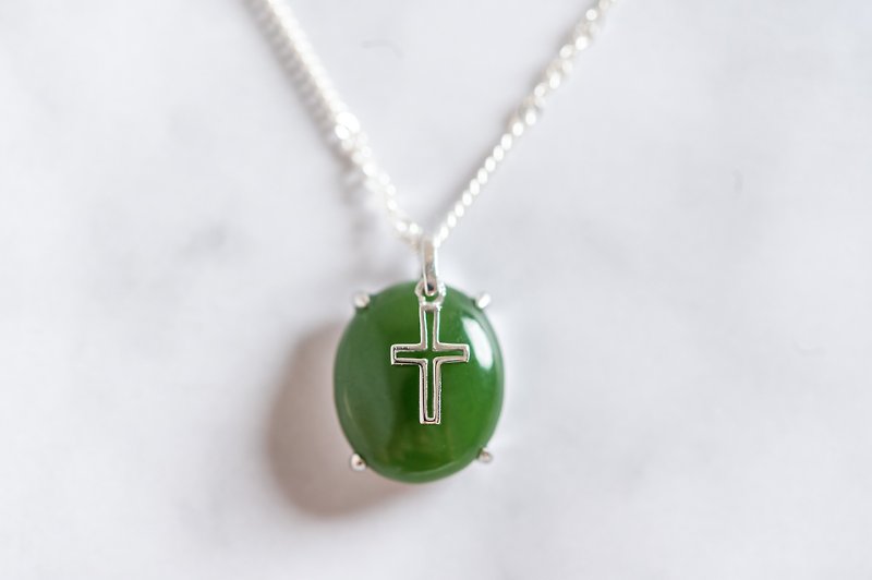 玉見主 玉 墜子 項鍊 天然碧玉 925 純銀  母親節 十字架 禮物 - 項鍊 - 寶石 綠色