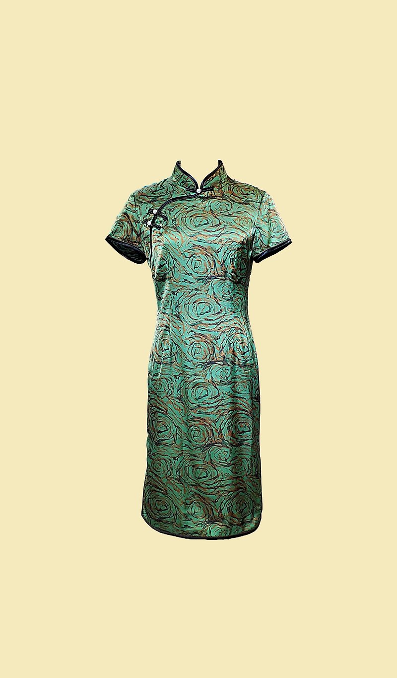 Vintage Qipao Cheongsam Retail Dress Green and Brown Rose Qipao - Qipao - Cotton & Hemp Green