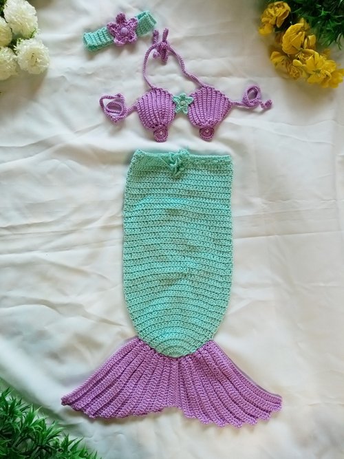 ベビーマーメイドテールセット、編み物0〜3ヶ月 - ショップ SasideniCrochet ベビー用小物 - Pinkoi