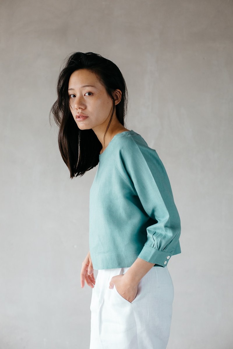 Tunic top with button in Teal blue (Resize) - Women's Tops - Cotton & Hemp Blue