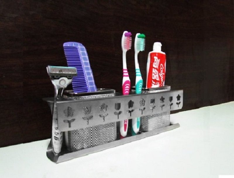 Stainless Steel double basket large toothbrush holder, six-hole super storage design, shelf, storage rack, toothbrush basket - ของวางตกแต่ง - โลหะ สีเงิน