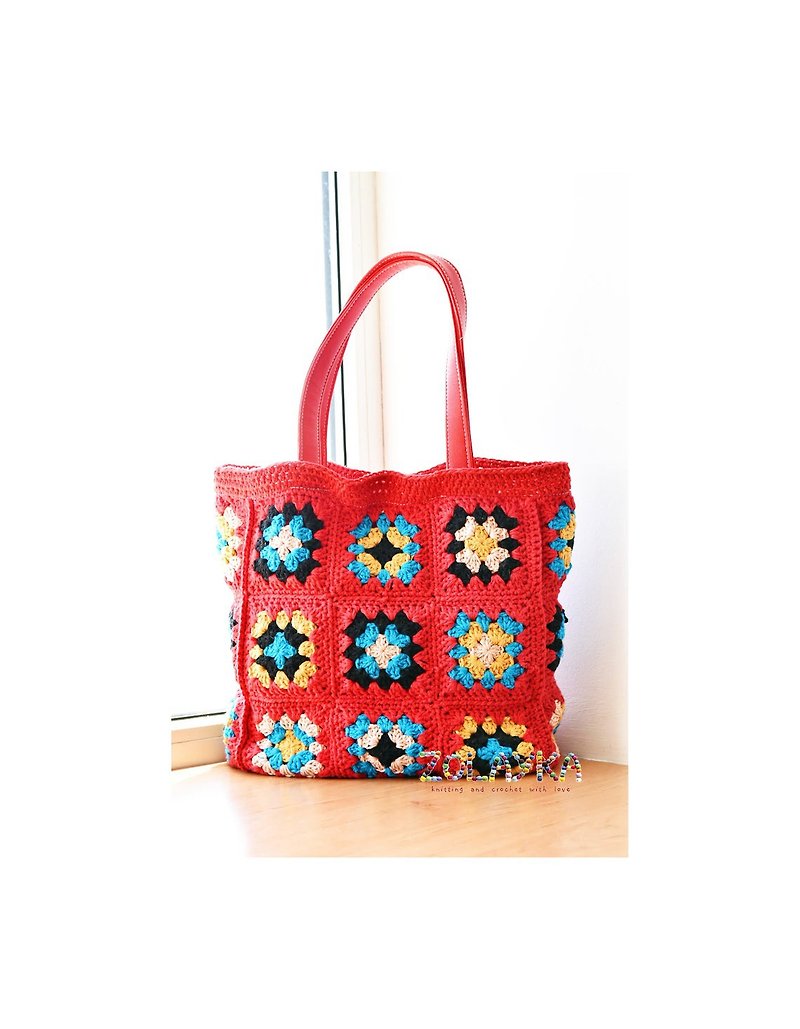 Red Crochet Tote Bag, Granny Squares Bag, Vintage Style Hippie Purse - กระเป๋าถือ - ผ้าฝ้าย/ผ้าลินิน สีแดง