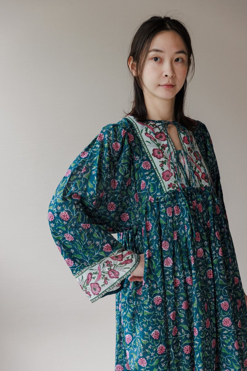 Tie-front dress with wide sleeves_blue background and pink flowers - One Piece Dresses - Cotton & Hemp Blue