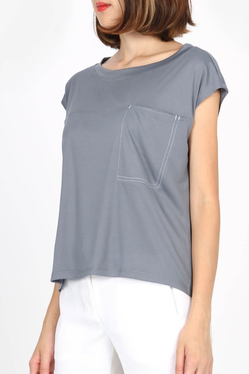 Wide Collar Jumping Color Pocket Suction Row Shirt-Blue Grey - Women's T-Shirts - Polyester Gray