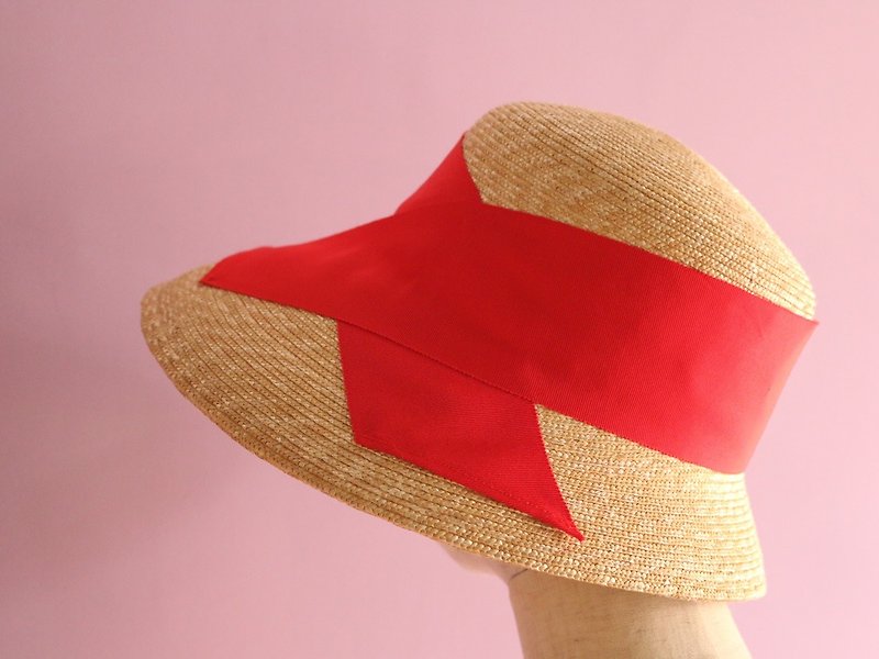 Wide Brimmed Straw Hat "Cecil Scarlet" - หมวก - วัสดุอื่นๆ สีแดง