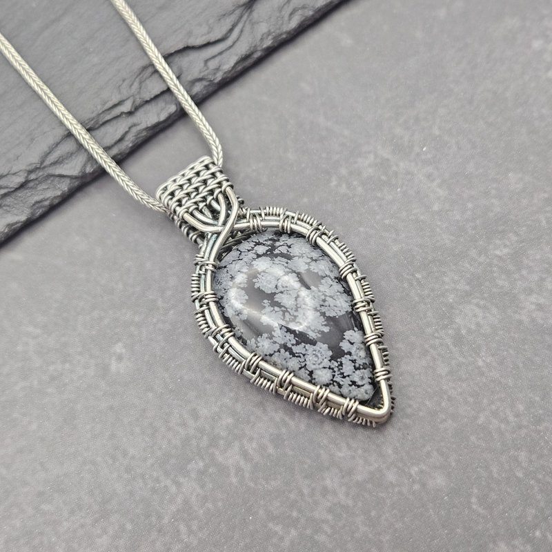 Snowflake Obsidian Wire Wrapped Pendant , Silver , Oxidized - Necklaces - Sterling Silver Black