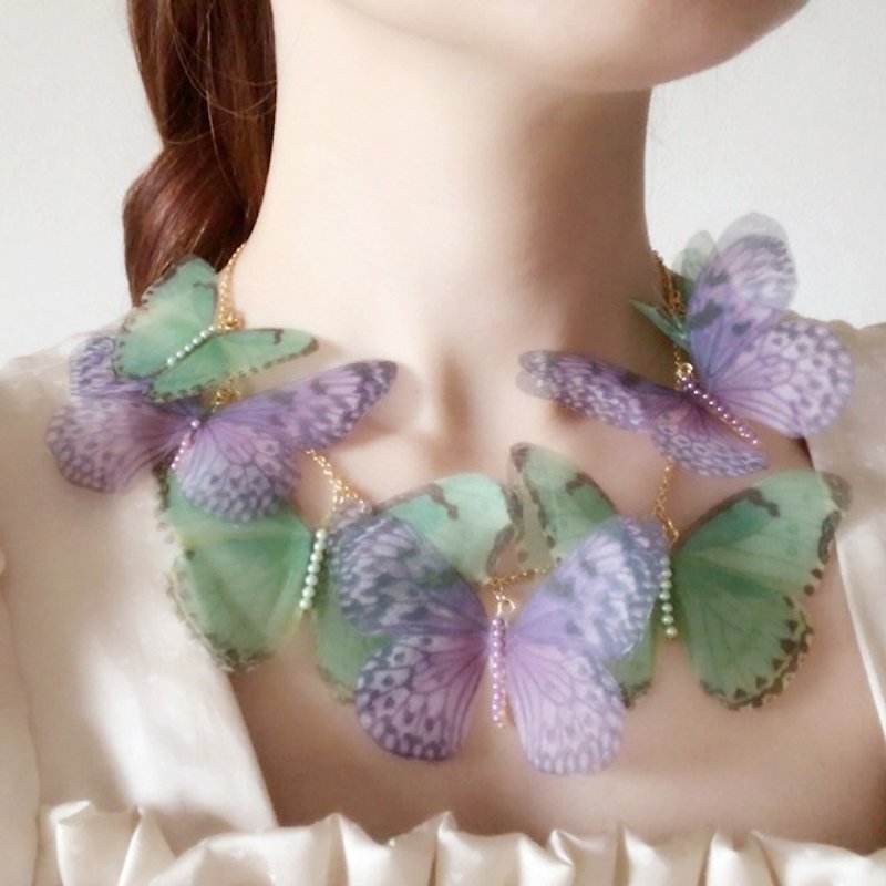 フェアリーバタフライネックレス Harajuku kawaii tokyo girly vintage silk butterfly necklace - 項鍊 - 絲．絹 綠色