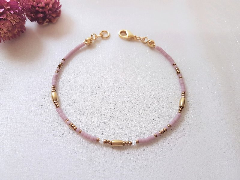 Dry Flower‧ Bronze Crystal Lotus Pink Beaded Bracelet - สร้อยข้อมือ - ทองแดงทองเหลือง สึชมพู