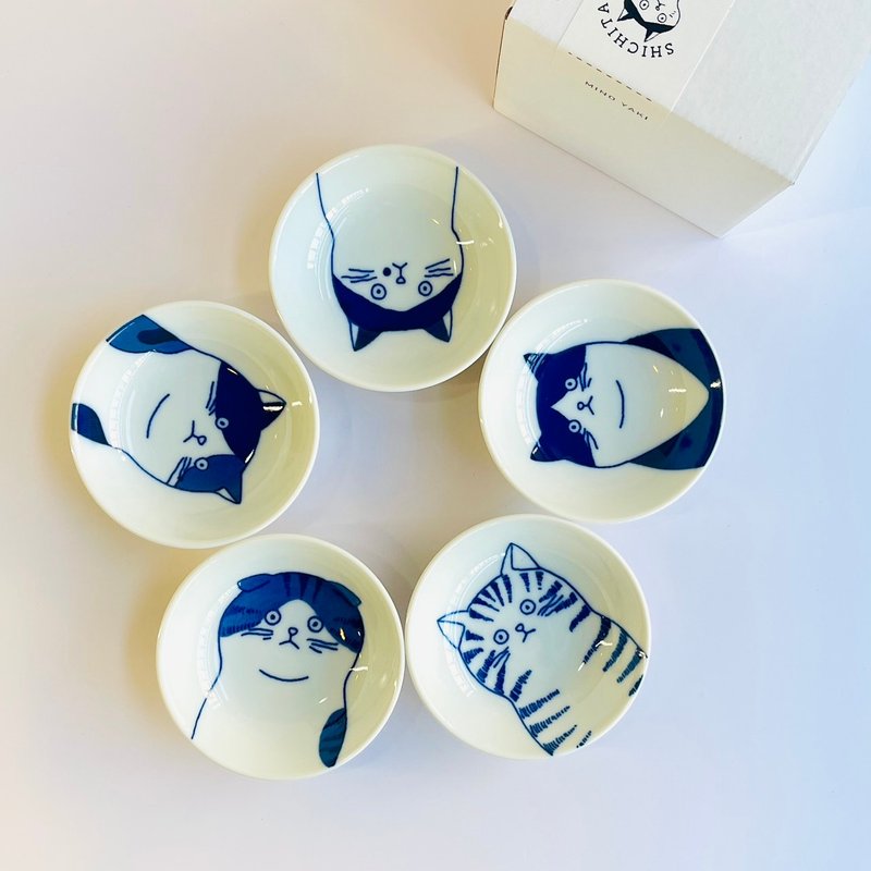 【交換禮物推薦】美濃燒-五種貓貓染付豆鉢禮盒組 - 碗 - 瓷 白色